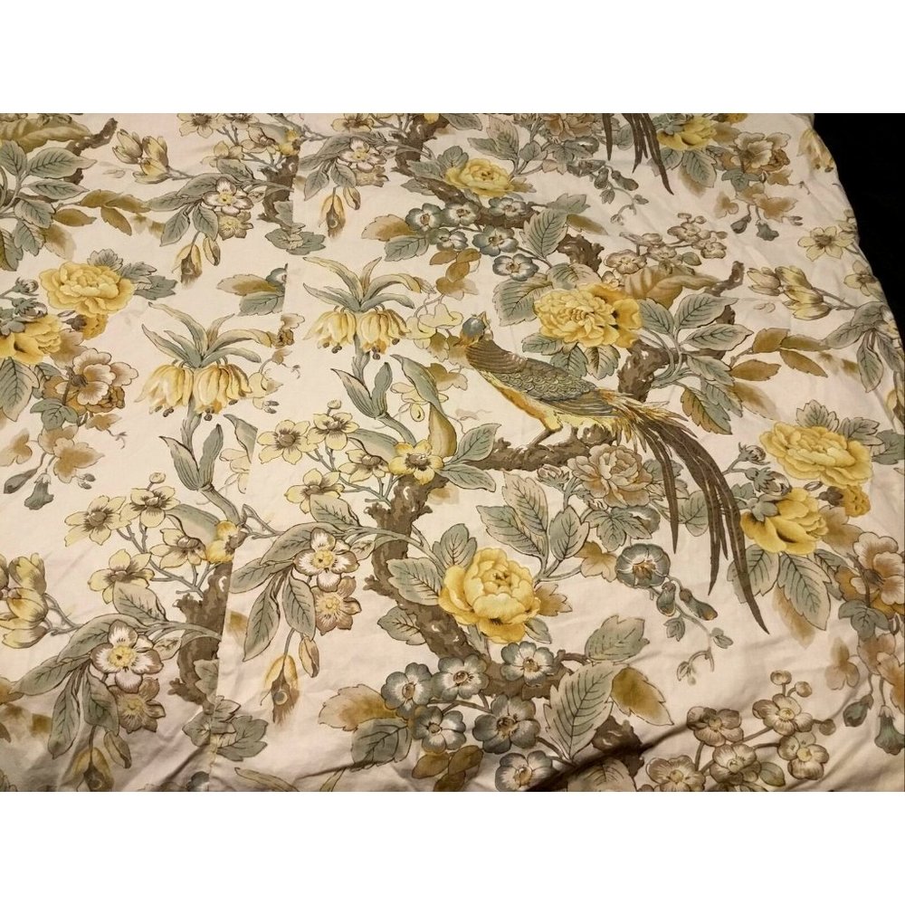 Pottery Barn Full/Queen Duvet Cover Magnolia Pheasant Floral Yellow Linen Brown